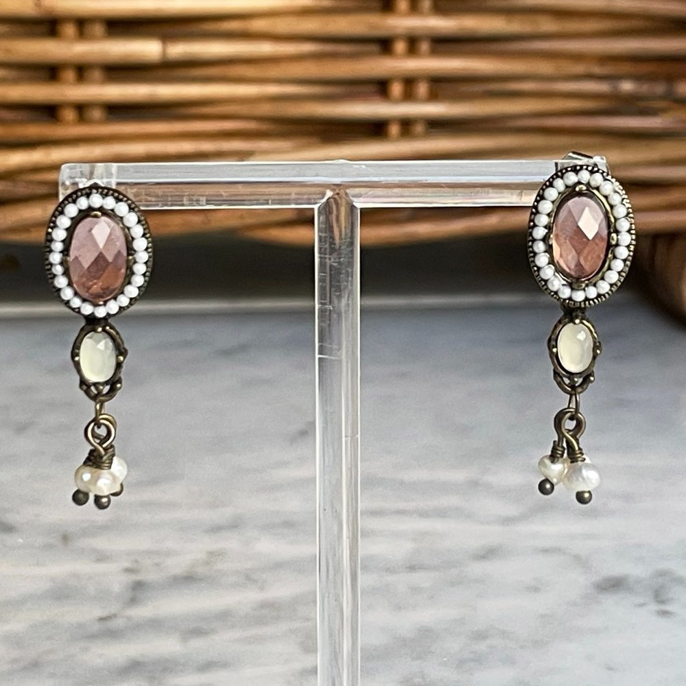 Pre-Owned Vintage-Look Antiqued Earrings w/ Seed Pearl Halo and Pink Glass